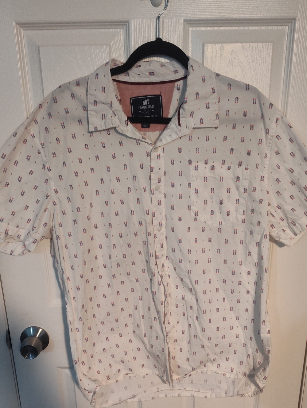 MBX White Short-Sleeve Button-Down Shirt with Red & Blue Micro Print
